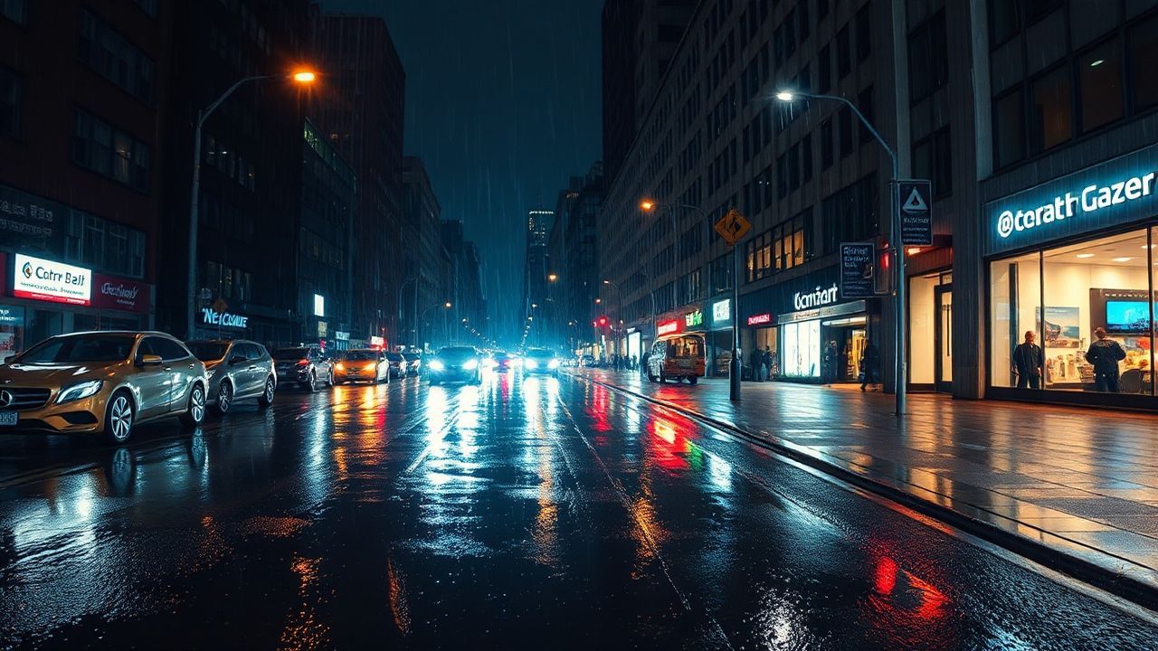 Panoramic Street Reflections Lights in the Rain