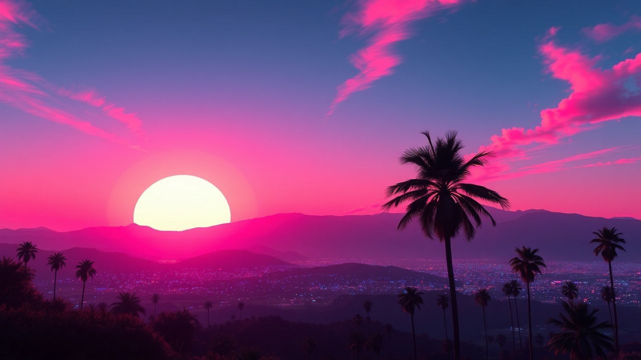 Nostalgic Synthwave Grid Mountains at Sunset