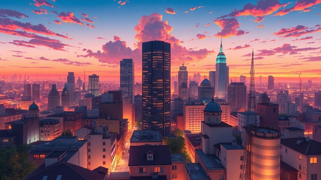 Dreamy Anime Cityscape Hour in Golden Light