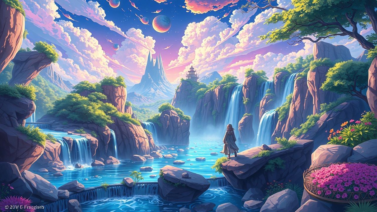 Whimsical Fantasy Landscape Floating Magic