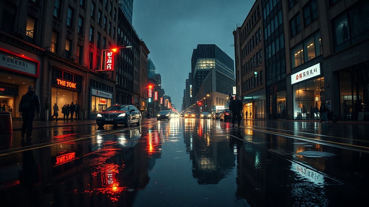 Panoramic Street Reflections Lights in the Rain