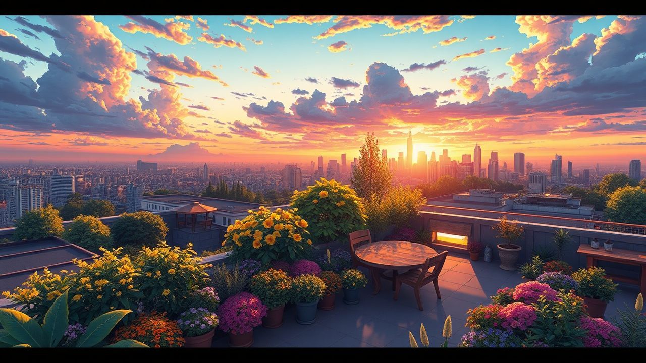 Enchanting Rooftop Garden City at Sunset