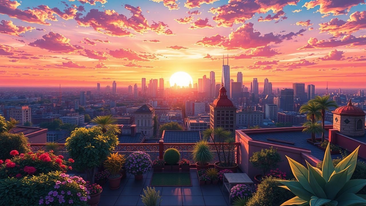 Gentle Rooftop Garden City at Sunset