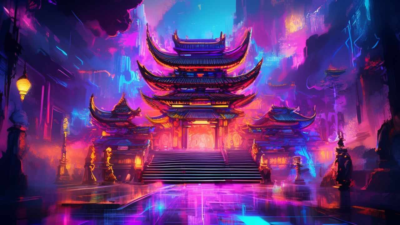 Futuristic Temple Shrine Traditional Neon Dreams