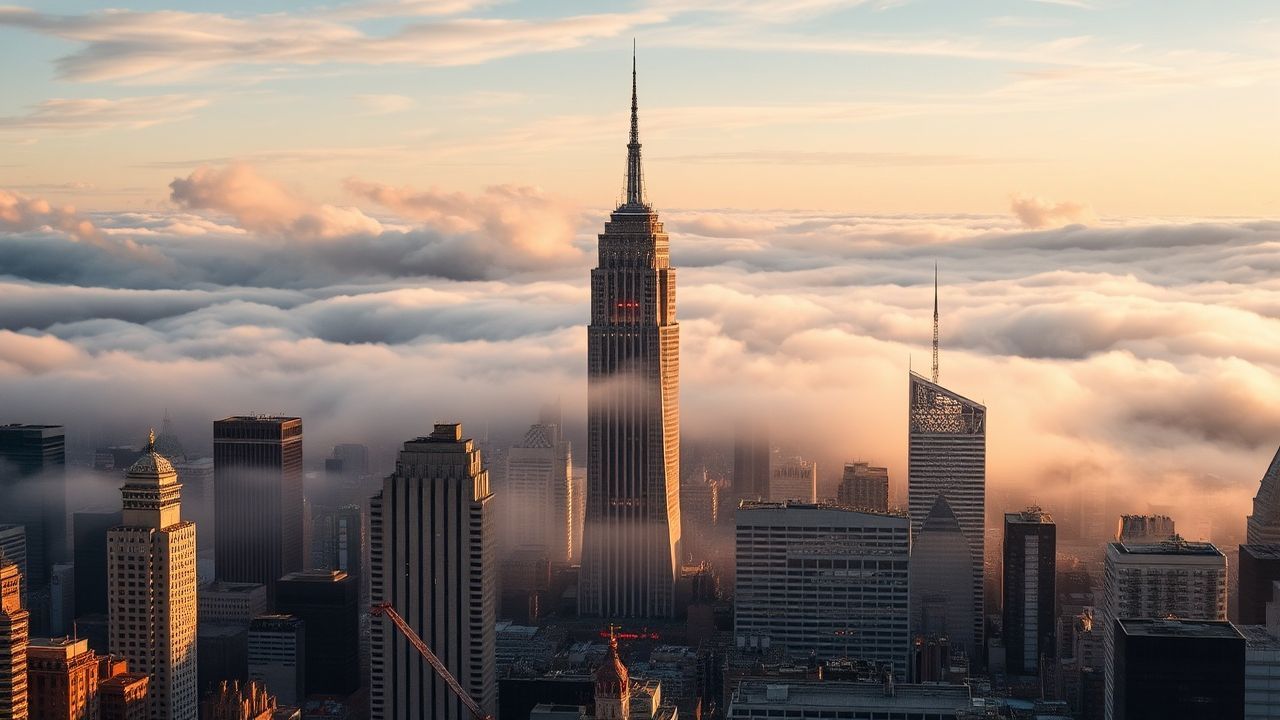 Vibrant City Skyscrapers Emerging in the Mist