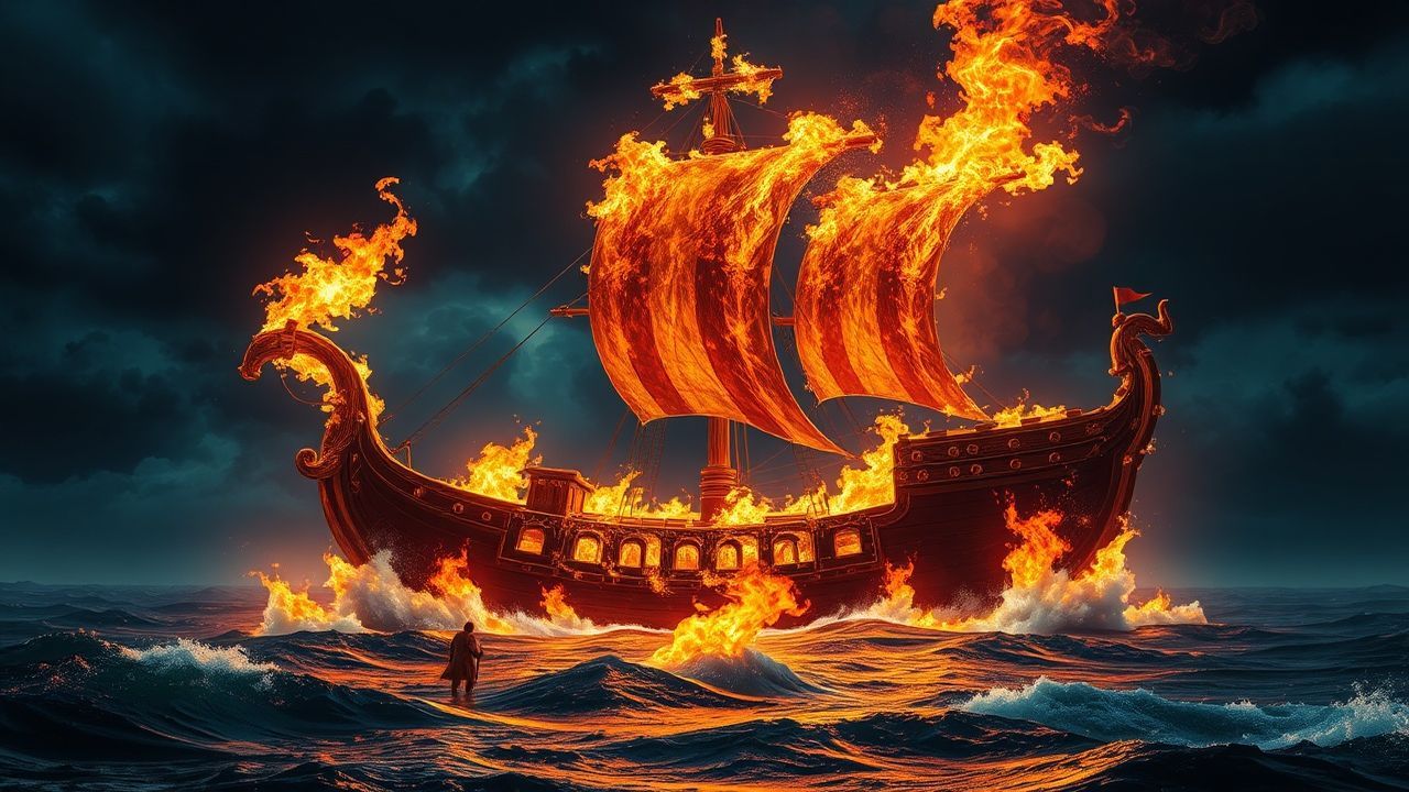 Shadowy Viking Funeral Burning by Night