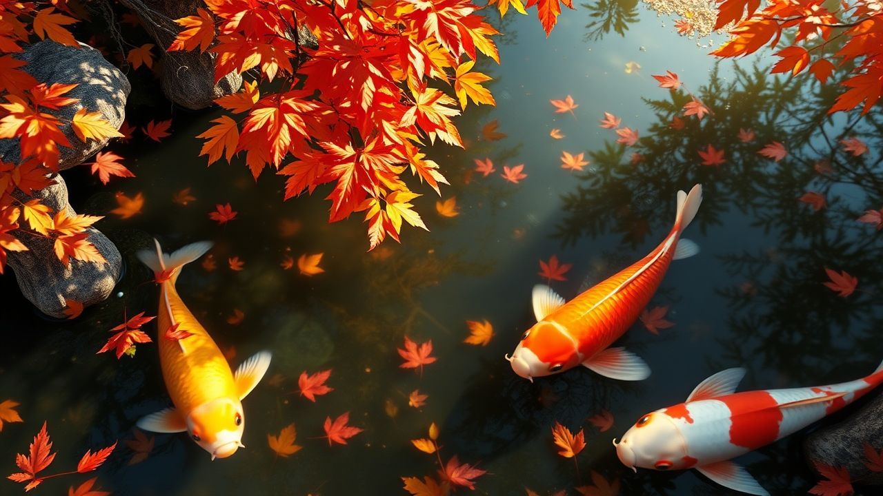 Pristine Japanese Koi Pond in Autumn