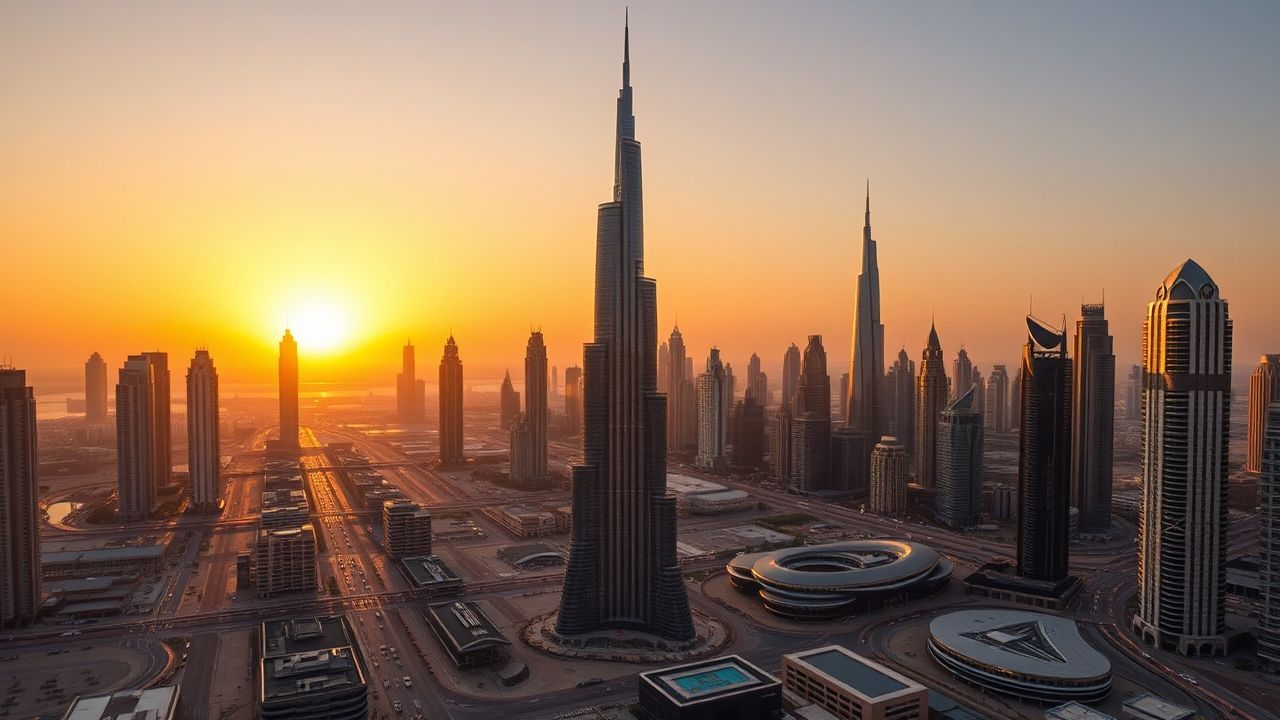 Sacred Dubai Futuristic Towers at Sunset