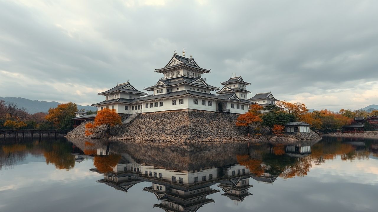 Tranquil Japanese Castle Maple in Autumn