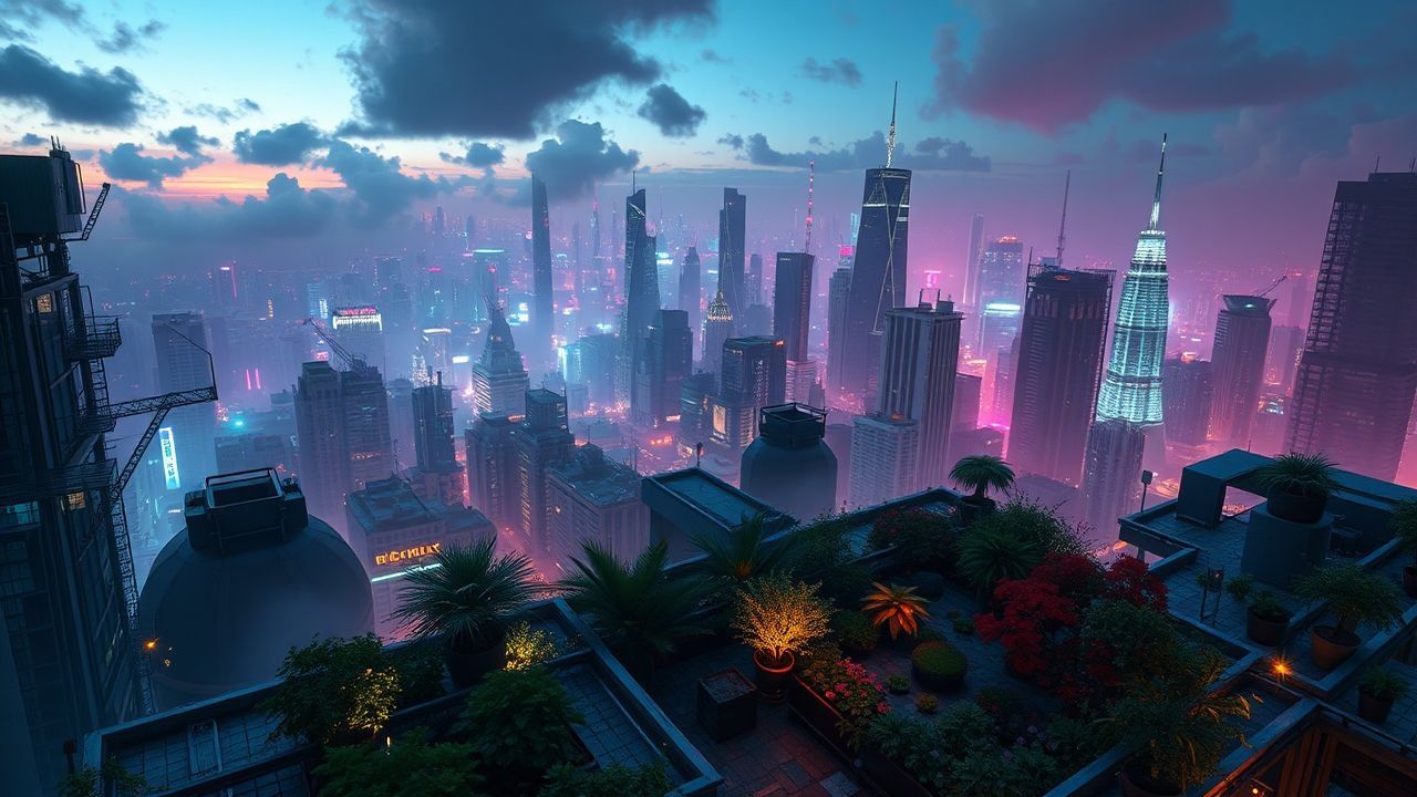 Vivid Rooftop Garden Oasis by Night