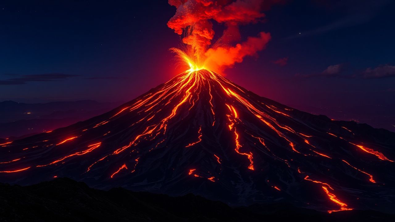 Stunning Volcanic Eruption Lava by Night
