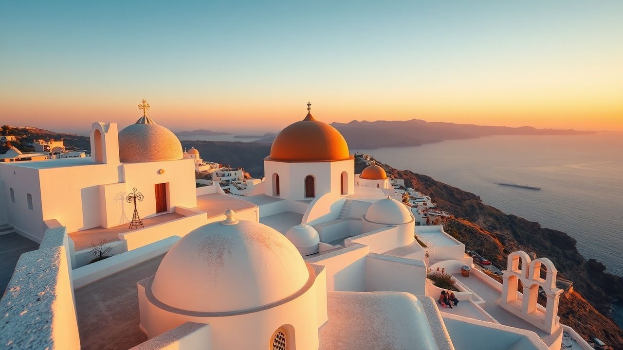 Vibrant Santorini Domes White at Sunset