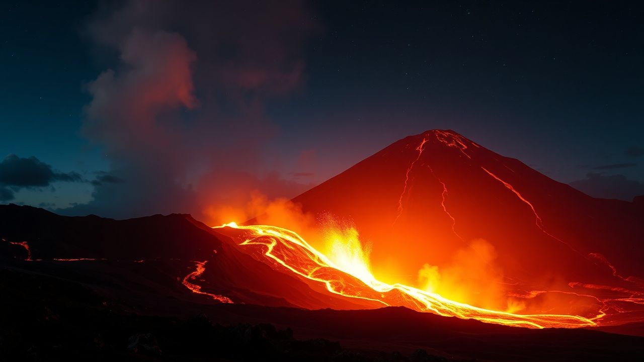 Dramatic Volcanic Eruption Lava by Night