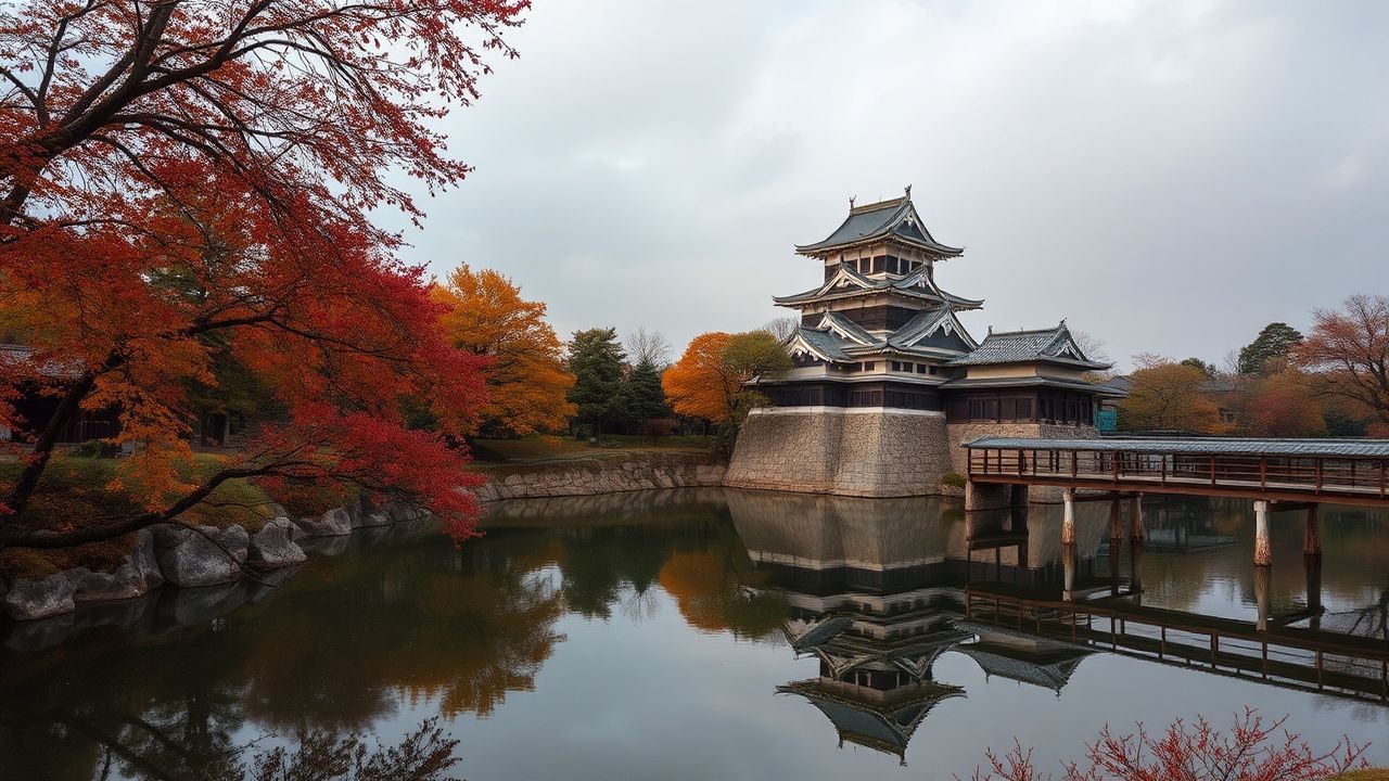 Peaceful Japanese Castle Maple in Autumn