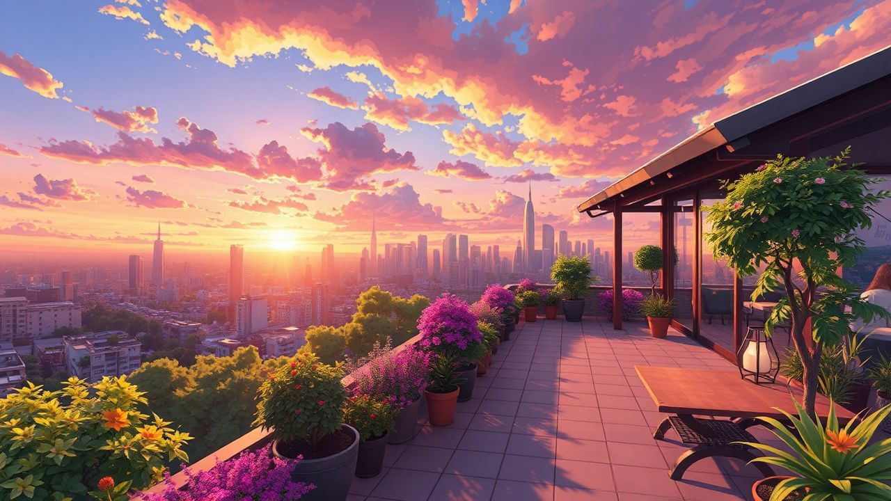 Whimsical Rooftop Garden City at Sunset