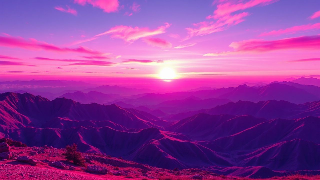 Glitch Vaporwave Grid Mountains at Sunset