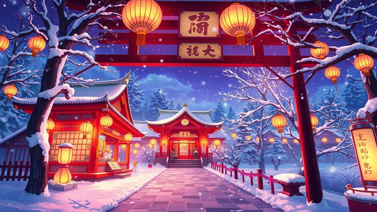 Whimsical Shrine Lanterns Anime in Winter
