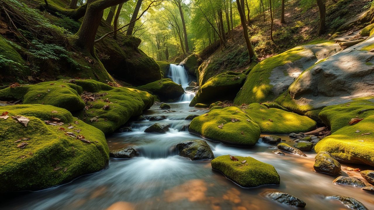Verdant Forest Stream Mossy Serenity