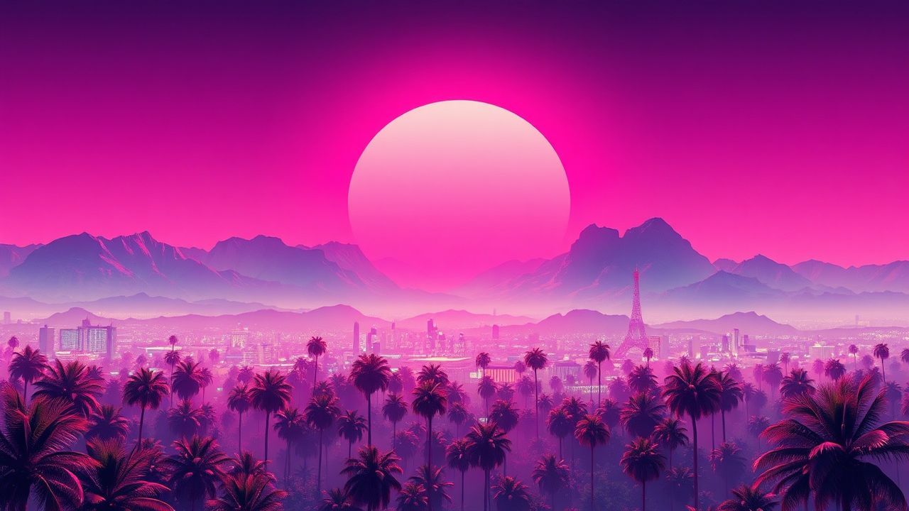 Glowing Synthwave Grid Mountains at Sunset
