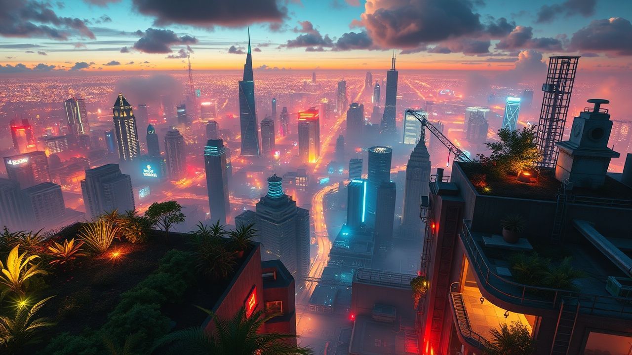 Chromatic Rooftop Garden Oasis by Night