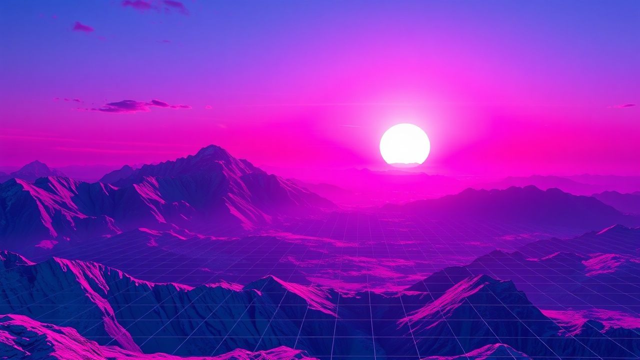 Pastel Vaporwave Grid Mountains at Sunset