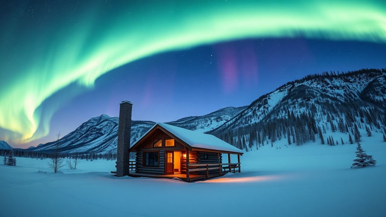 Golden Northern Lights Cabin in Winter