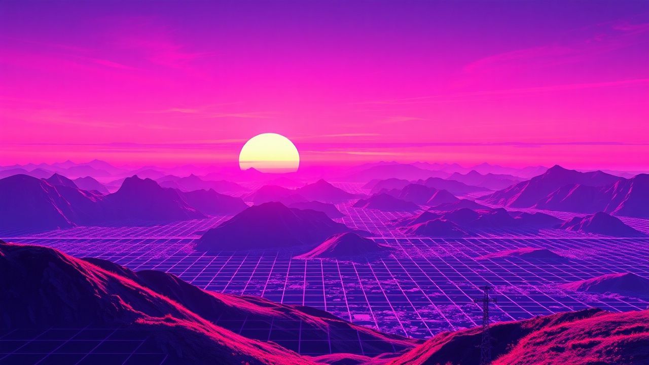 Dreamy Vaporwave Grid Mountains at Sunset