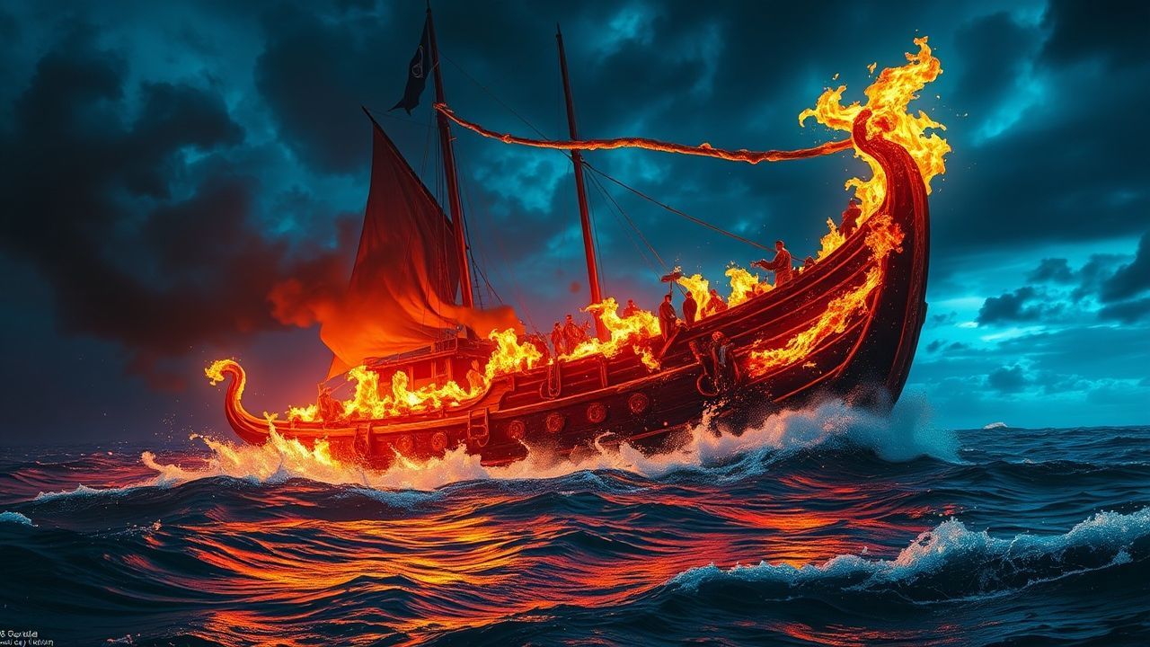 Mysterious Viking Funeral Burning by Night