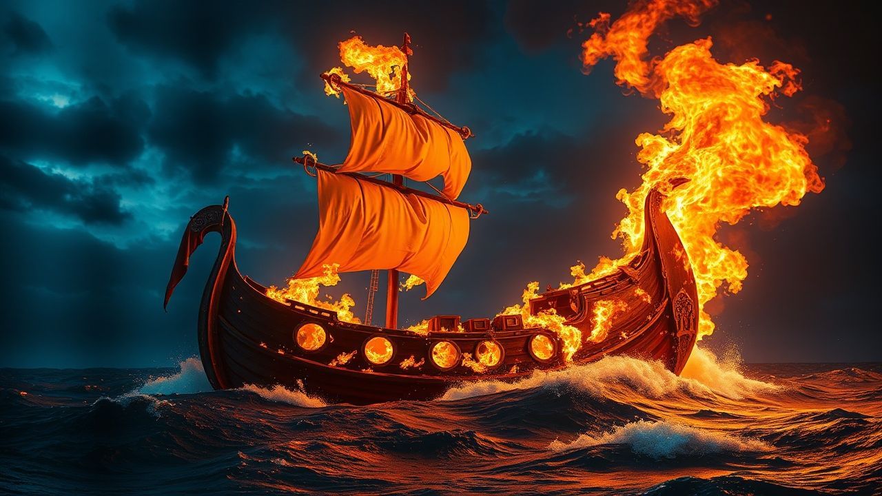 Haunting Viking Funeral Burning by Night