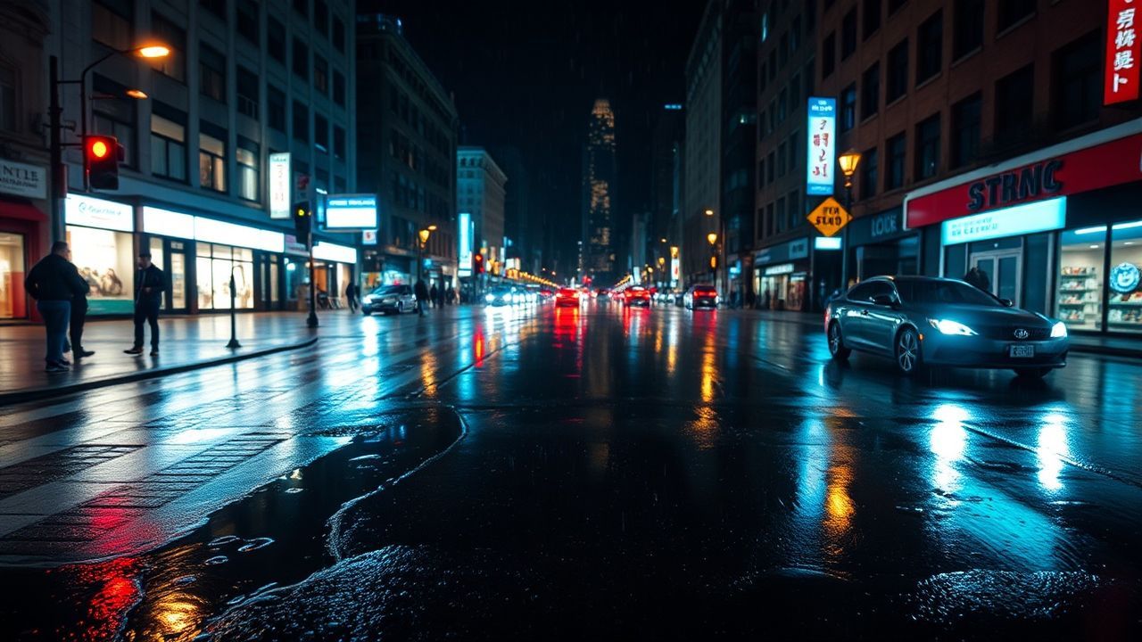 Sleepless Street Reflections Lights in the Rain