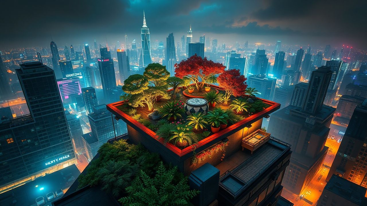 Futuristic Rooftop Garden Oasis by Night