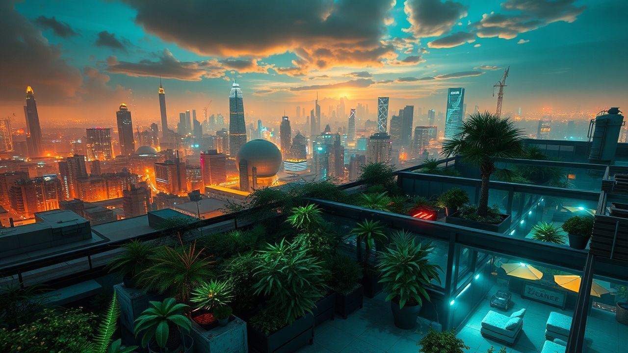 Neon Rooftop Garden Oasis by Night
