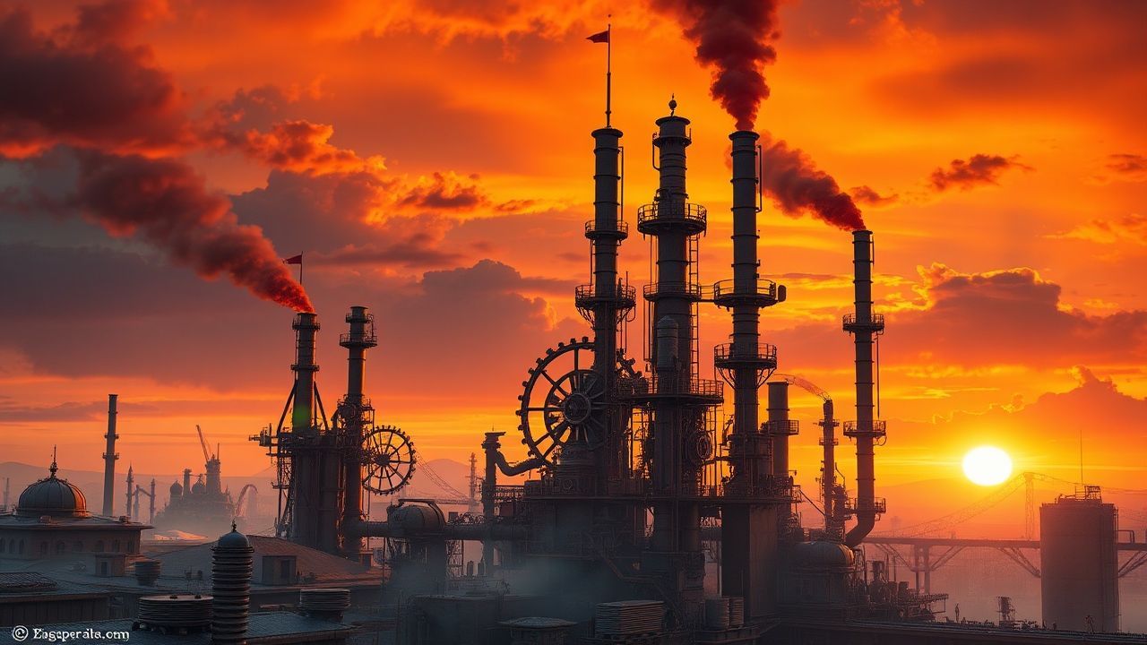 Victorian Steampunk City Brass at Sunset