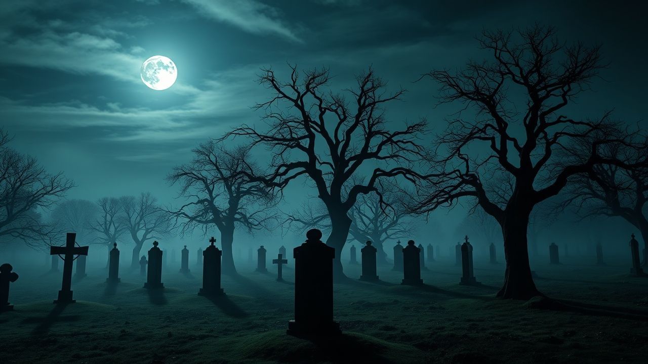 Foreboding Graveyard Full Moon in the Mist