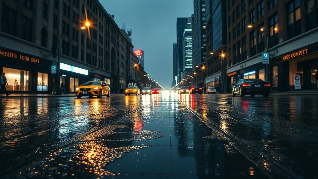Panoramic Street Reflections Lights in the Rain