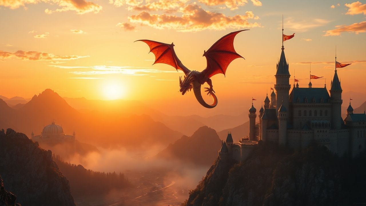 Ancient Dragon Flying Medieval at Sunset