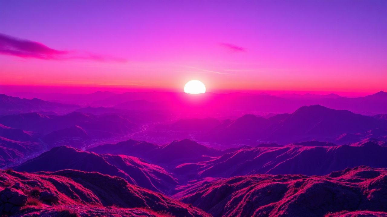 Dreamy Vaporwave Grid Mountains at Sunset