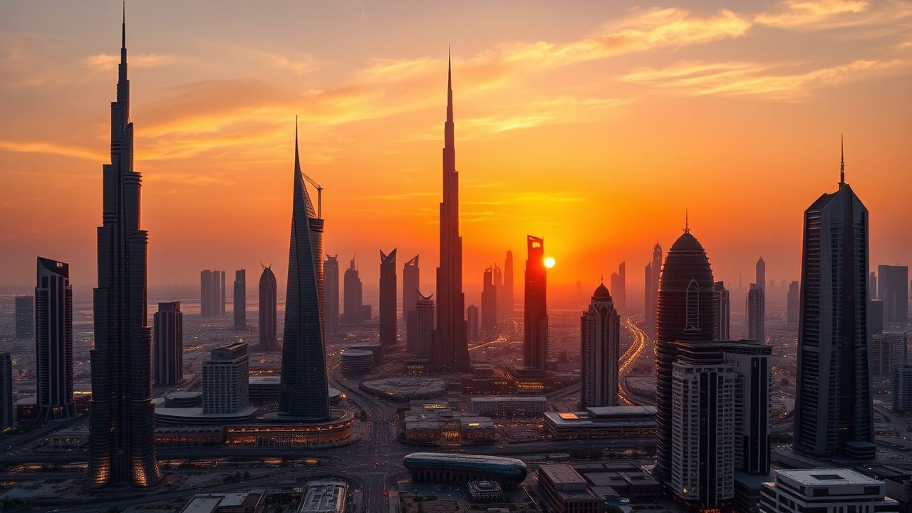 Towering Dubai Futuristic Towers at Sunset