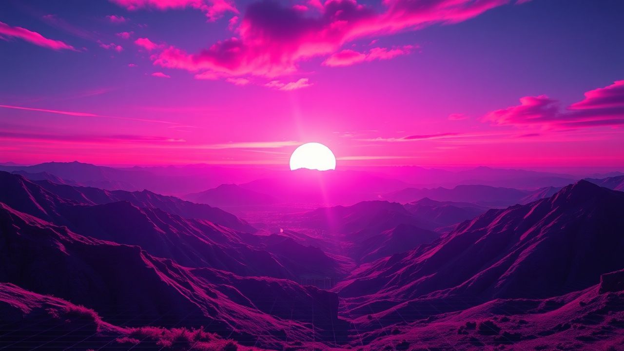Neon Vaporwave Grid Mountains at Sunset