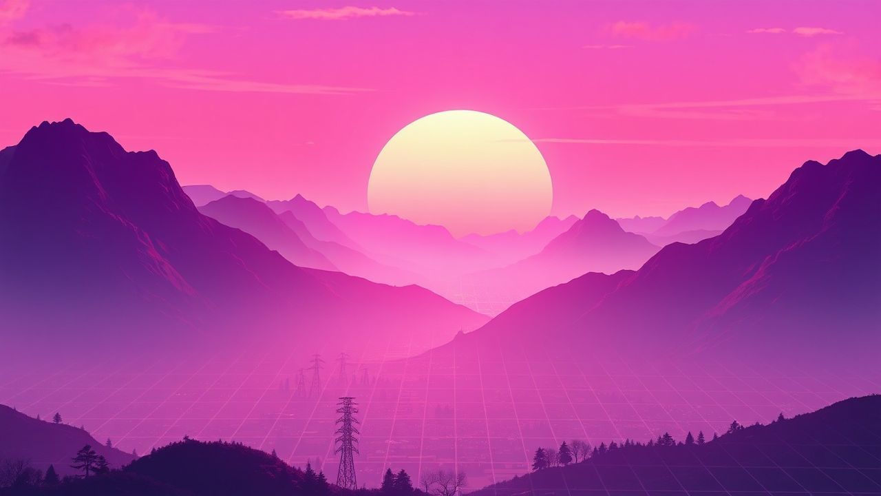Liminal Vaporwave Grid Mountains at Sunset