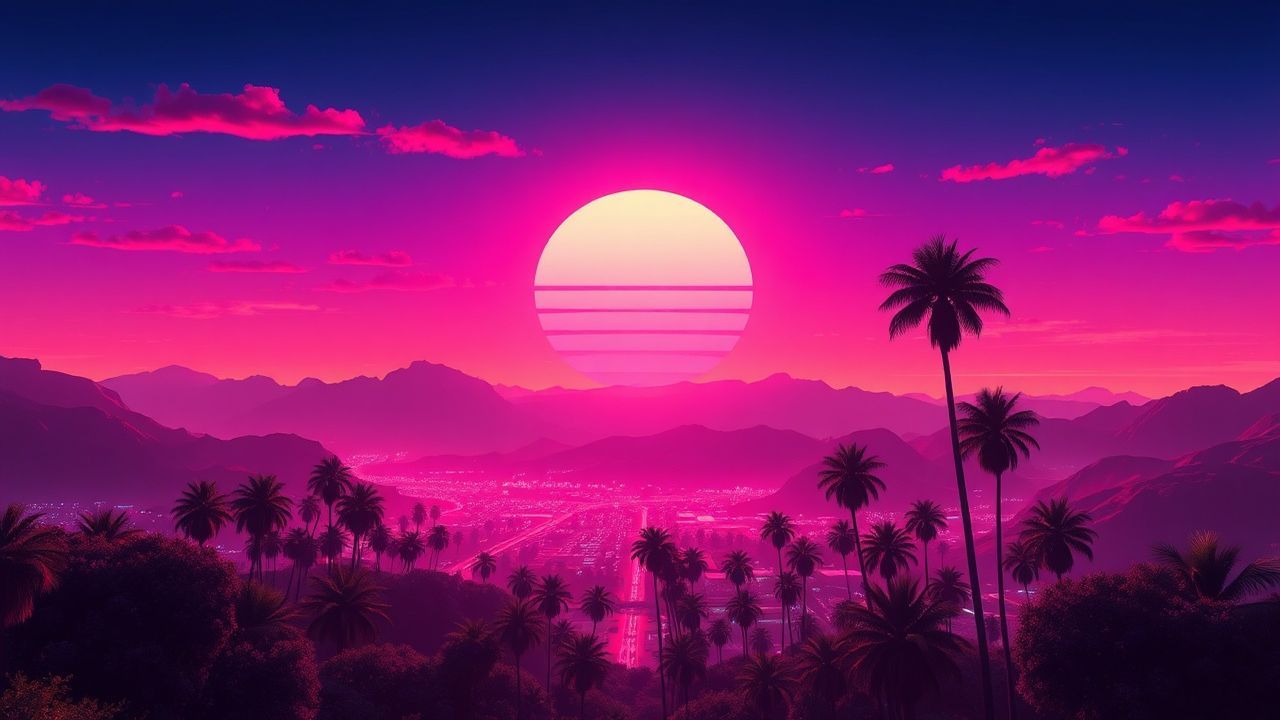 Neon Synthwave Grid Mountains at Sunset