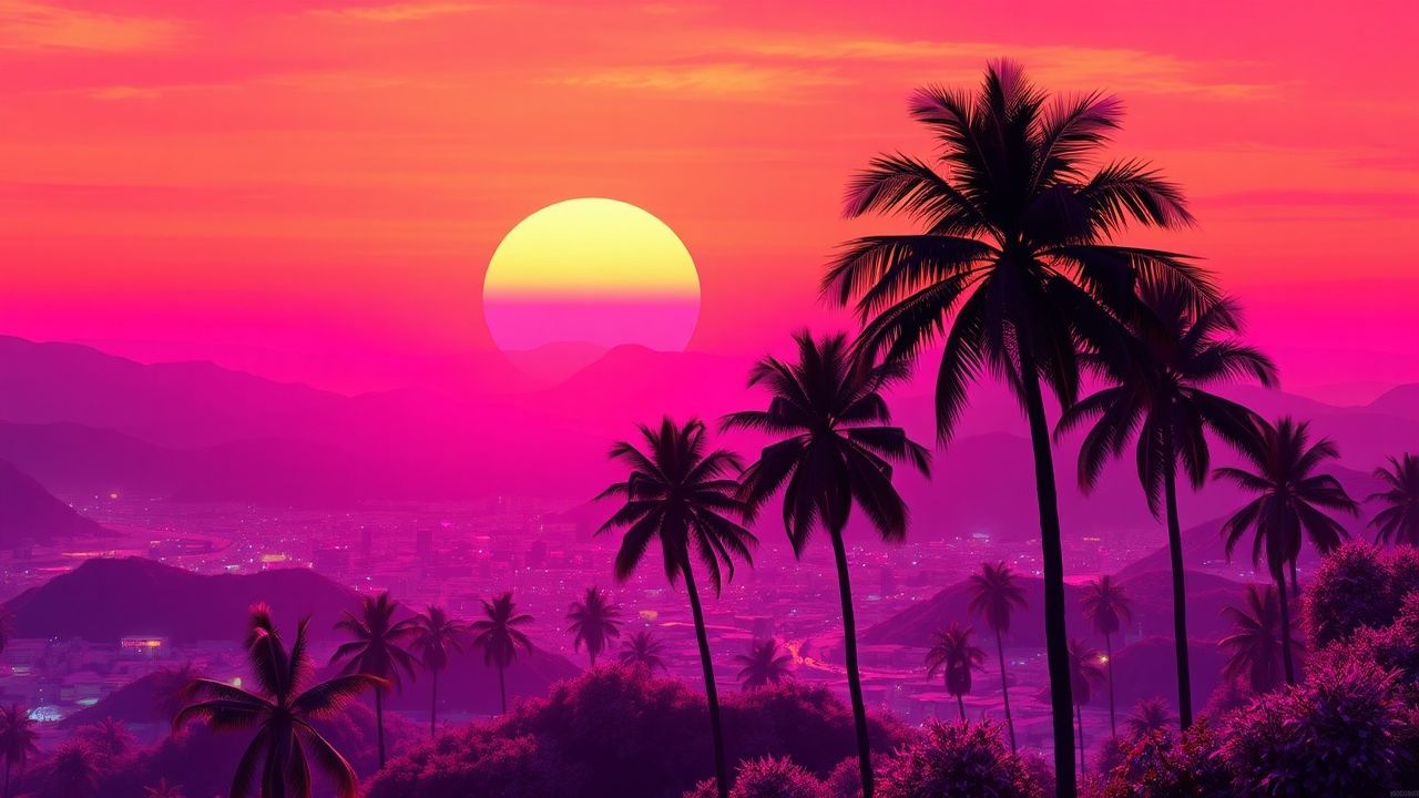 Vivid Synthwave Grid Mountains at Sunset