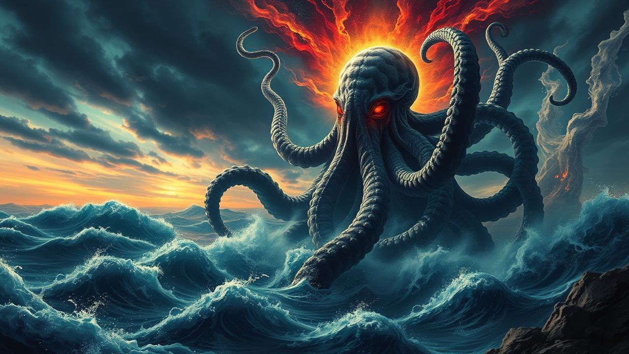 Shadowy Cthulhu Rising Tentacles Storm