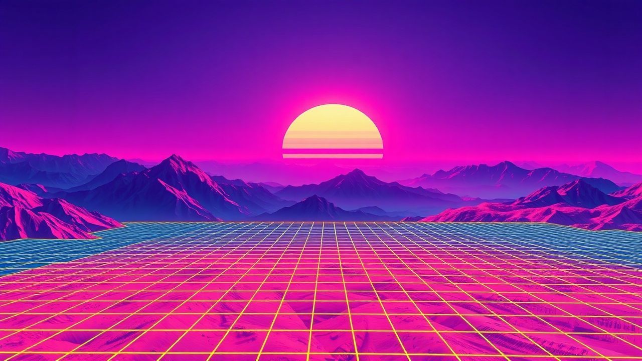 Pastel Vaporwave Grid Mountains at Sunset