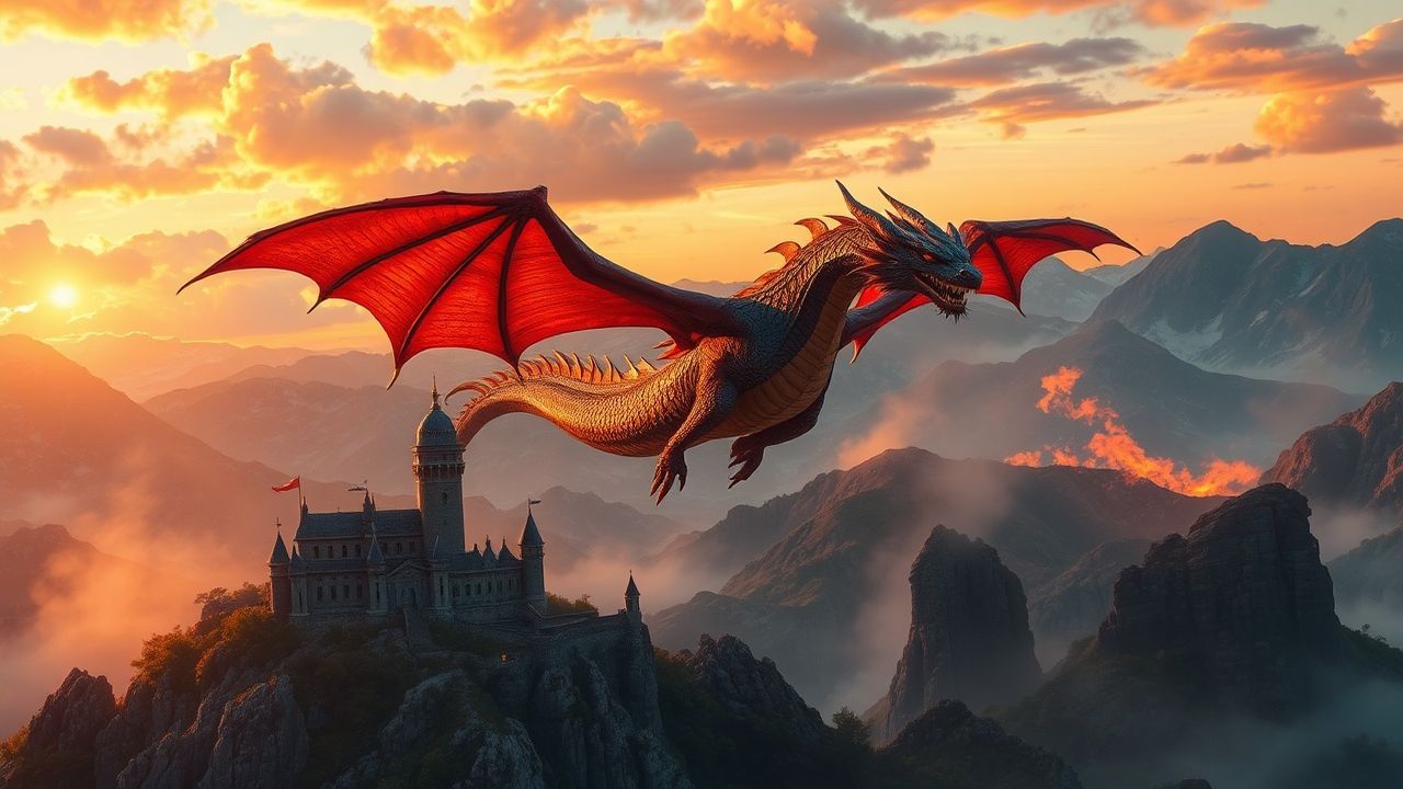 Mythical Dragon Flying Medieval at Sunset