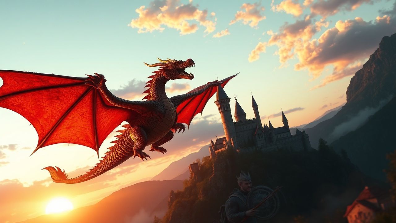 Celestial Dragon Flying Medieval at Sunset