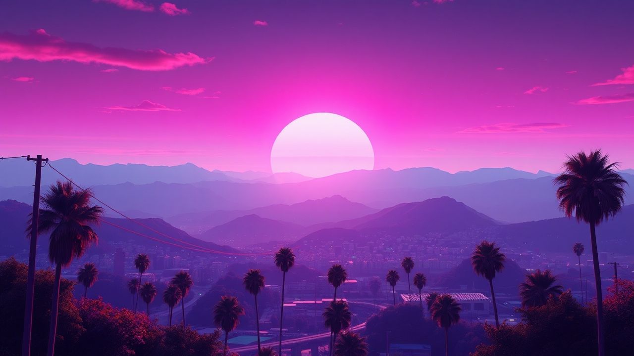 Vivid Synthwave Grid Mountains at Sunset