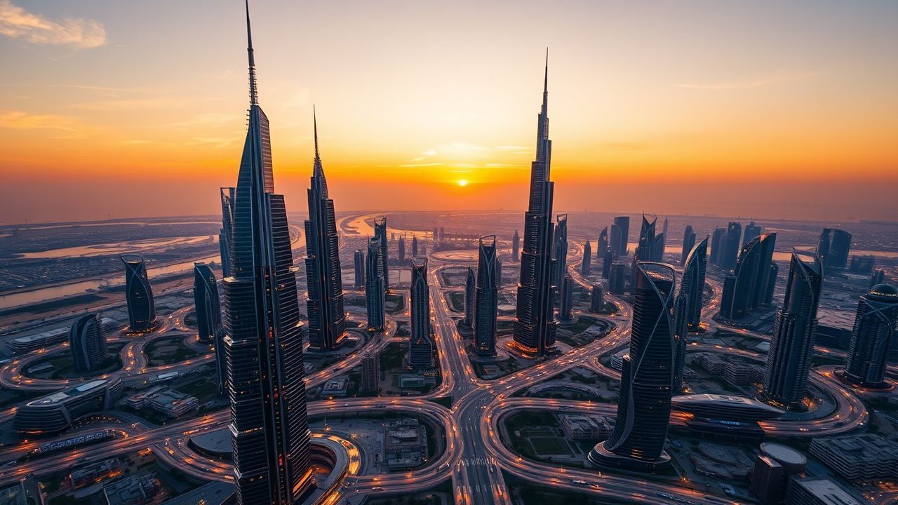 Timeless Dubai Futuristic Towers at Sunset