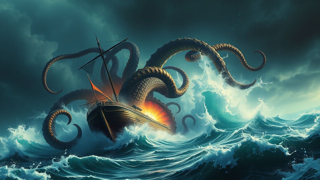 Mythical Kraken Attacking Ship Storm