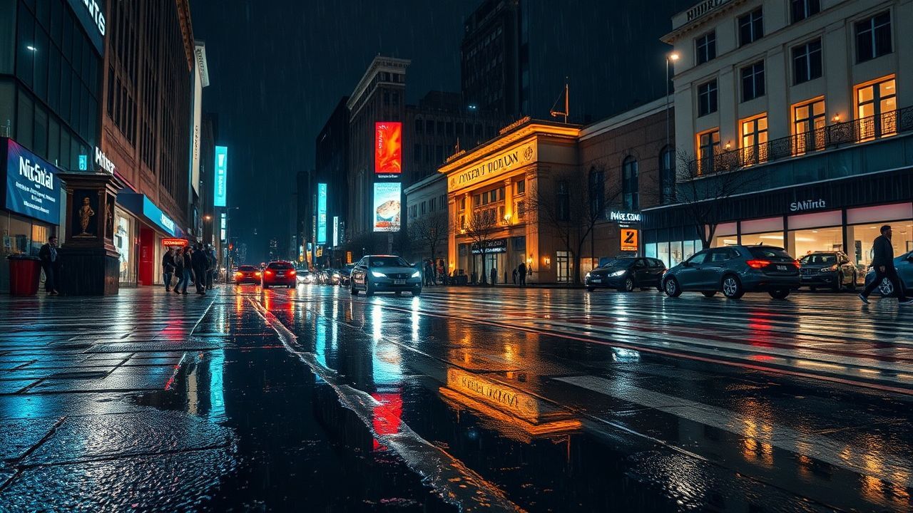 Panoramic Street Reflections Lights in the Rain